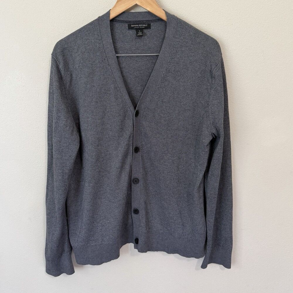 Banana Republic Luxury Blend Silk Cashmere Cardigan Sweater Mens L Grey V-Neck